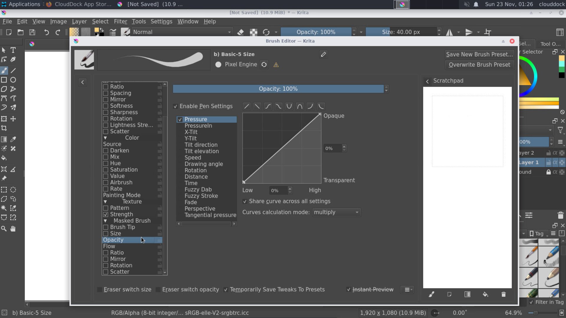 Krita brush settings with pressure and stabilizer