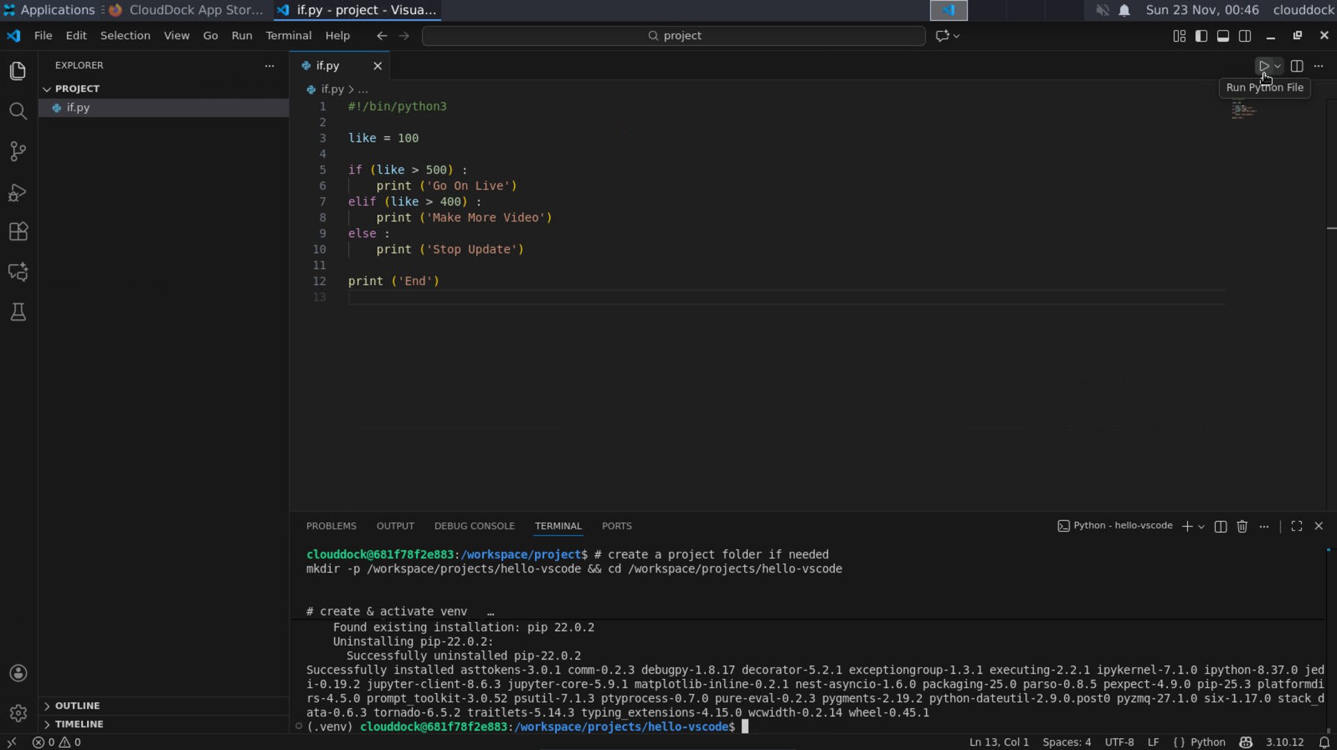 Select Python interpreter to .venv/bin/python