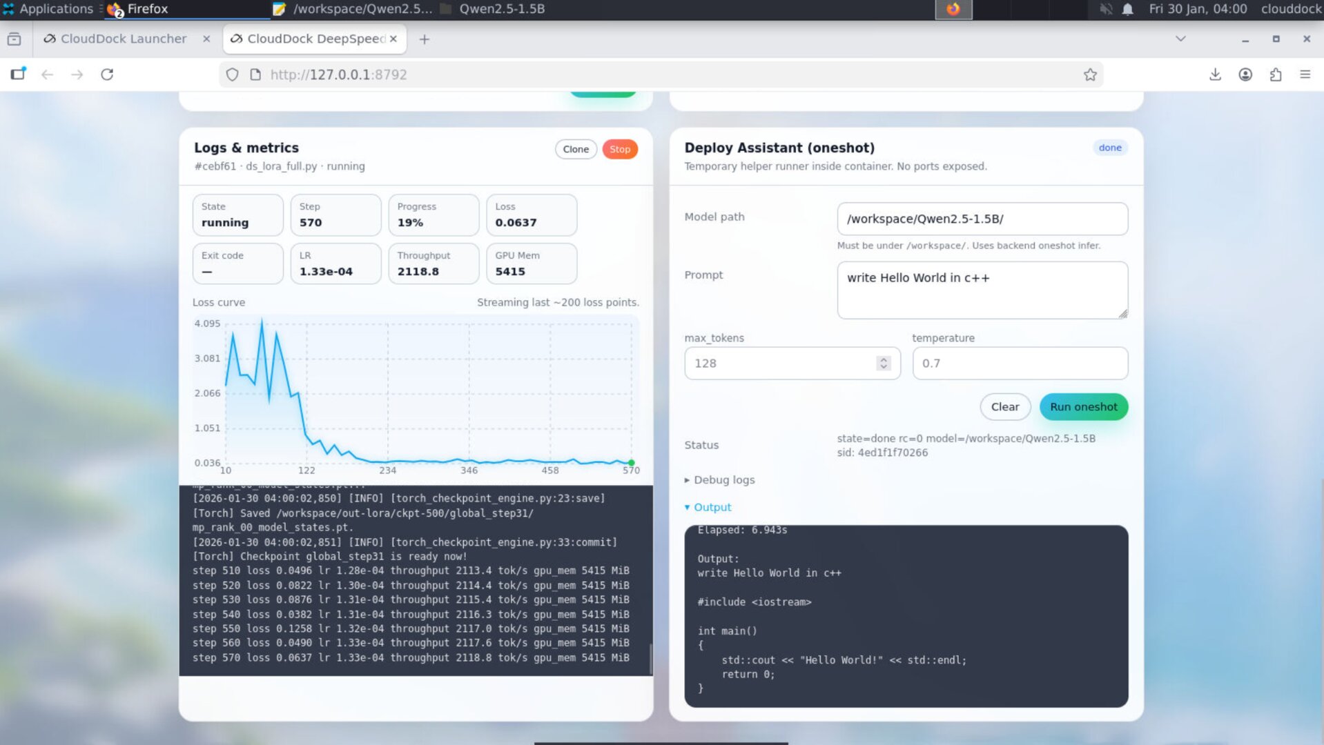 DeepSpeed 1.0.2 indicators: progress VRAM speed