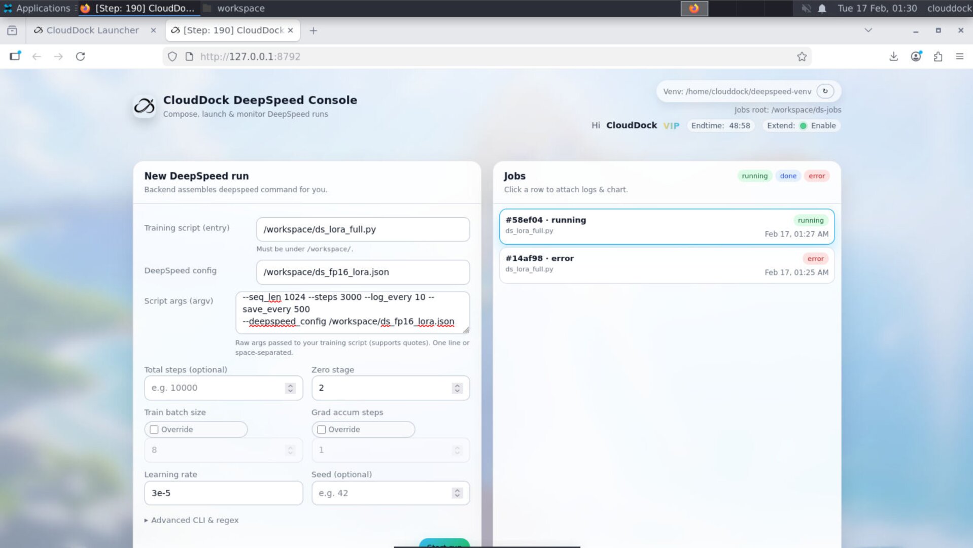 DeepSpeed Console 1.0.3: steps shown in tabs