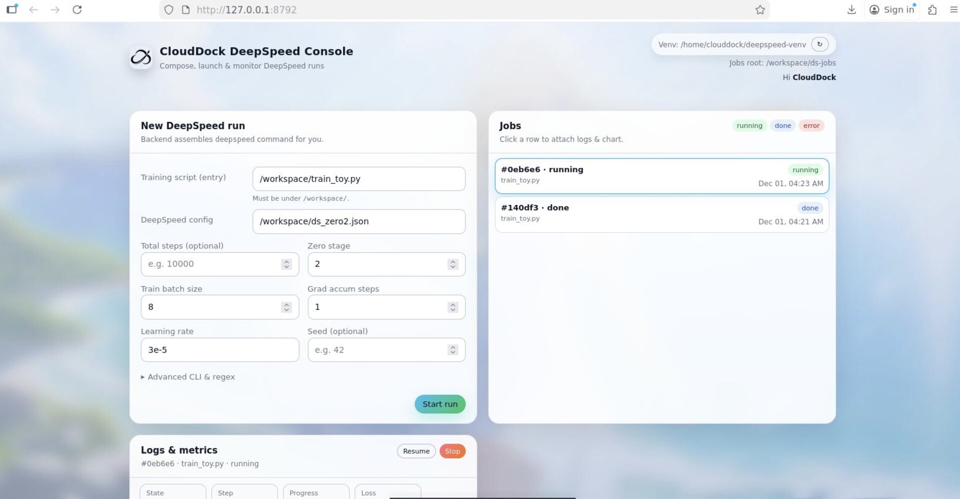 CloudDock DeepSpeed Console preview