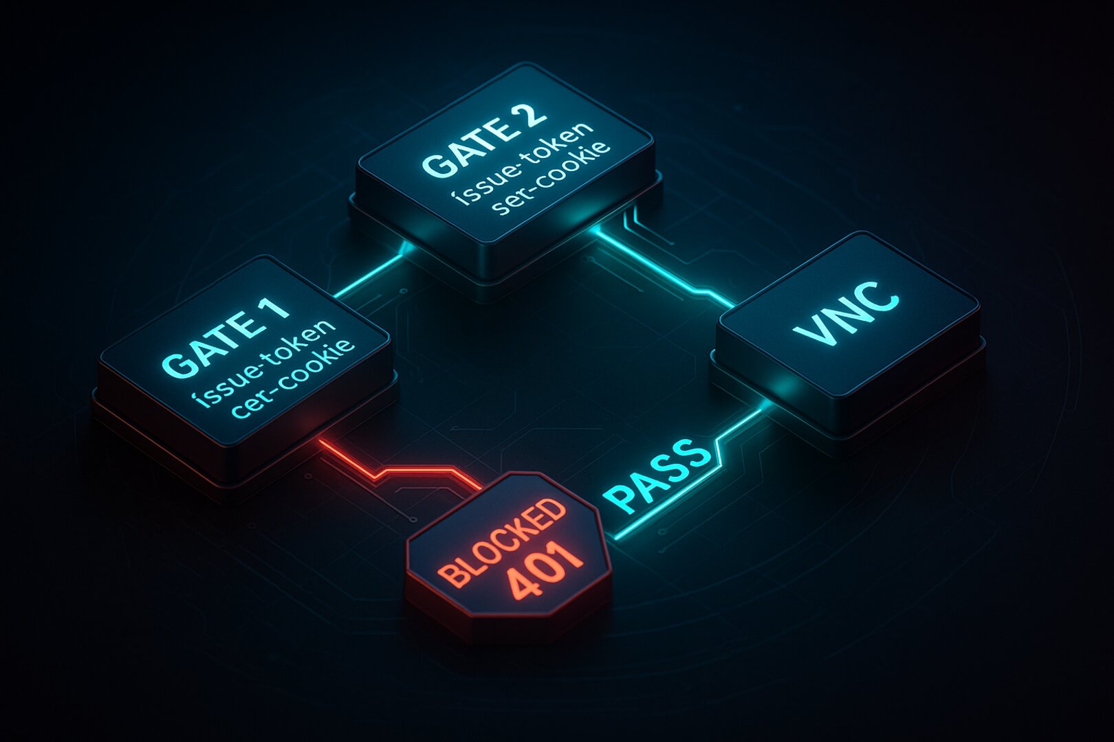 Gate 1 → Gate 2 → VNC flow