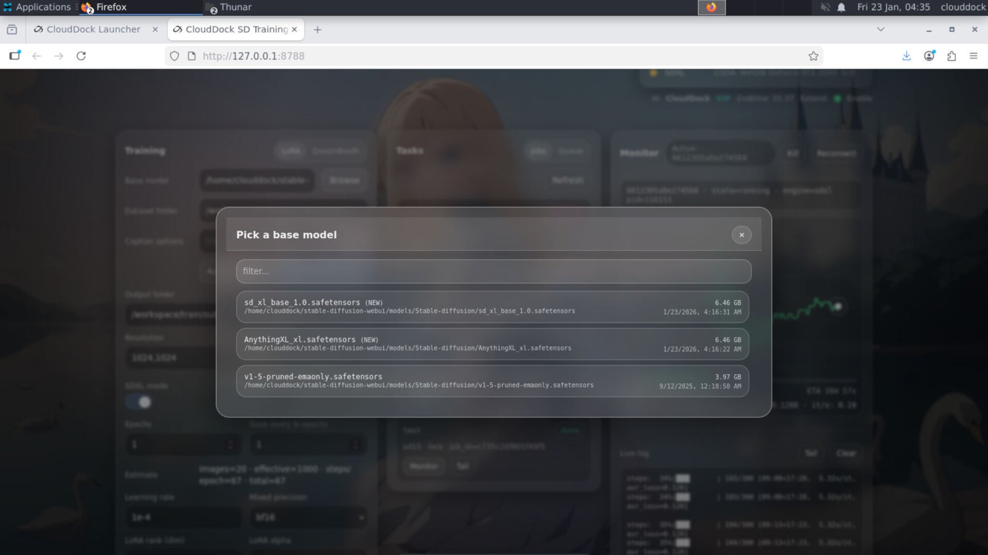 Model picker with size and name