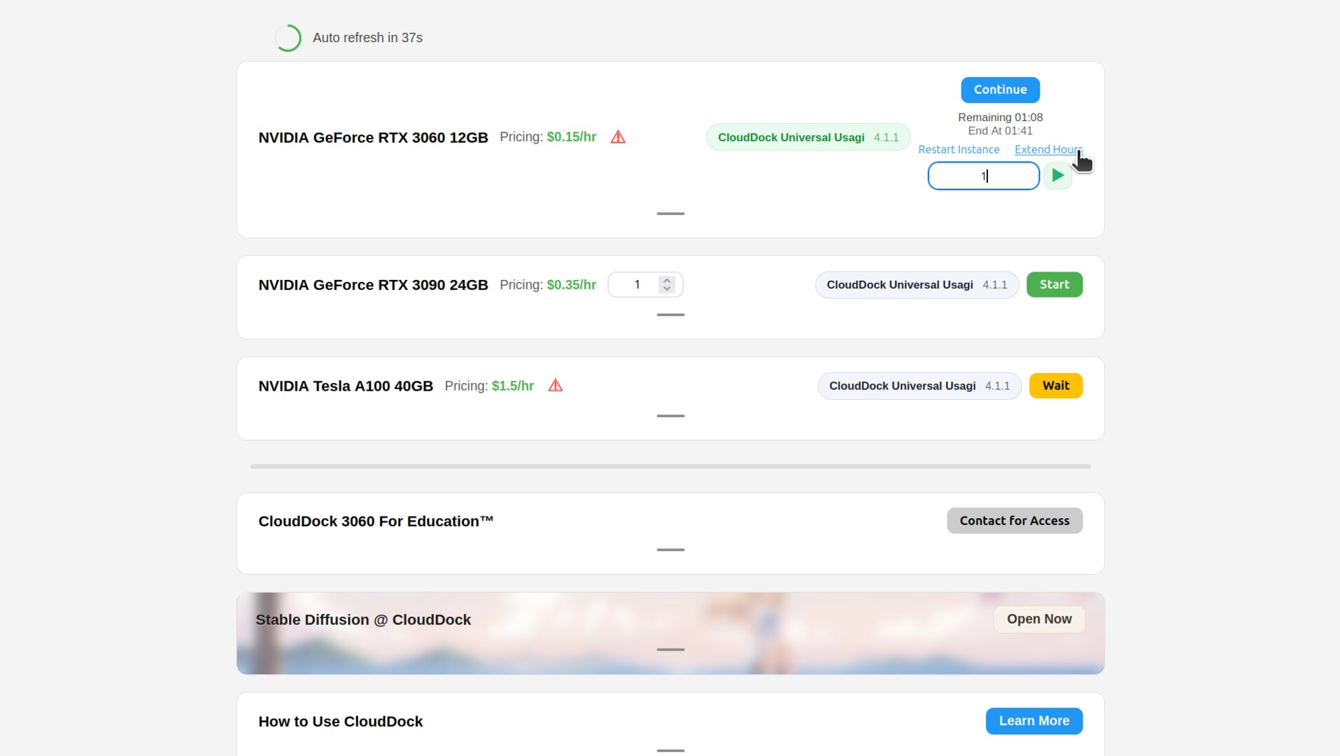 Dashboard showing extend hours input and small triangle confirmation control