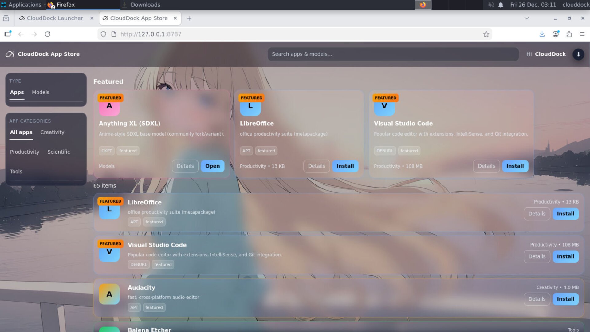 CloudDock App Store models page with featured checkpoints and download buttons