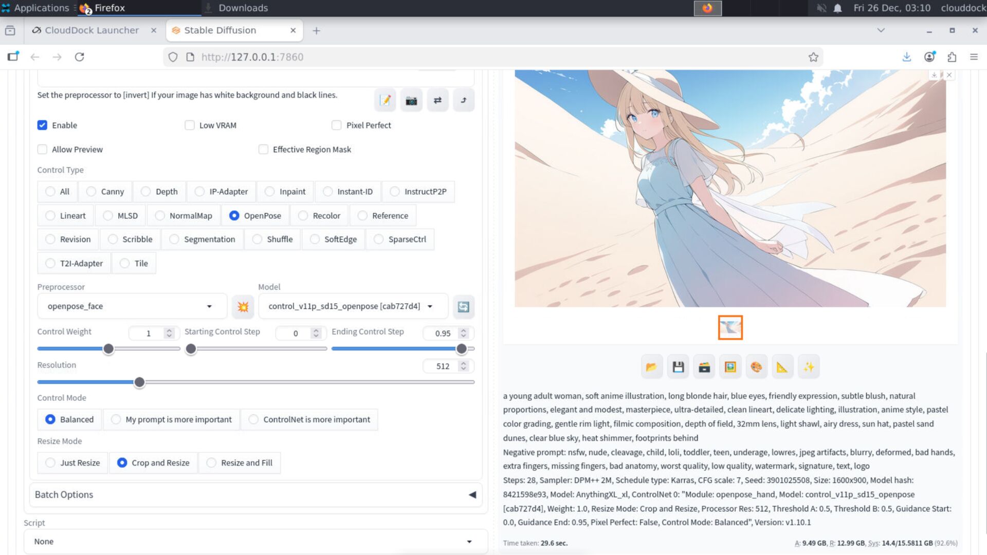 A1111 ControlNet panel with pose, face, and hands configured as preset stack