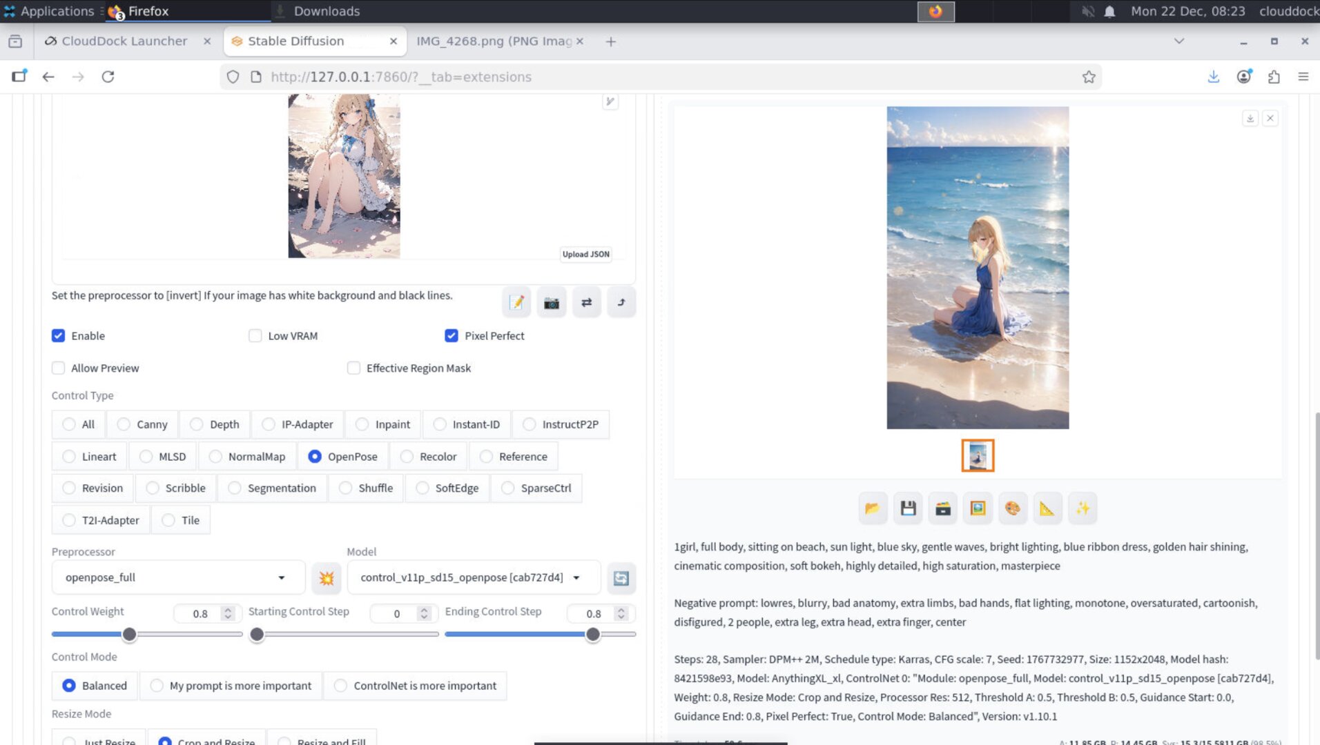 OpenPose map next to the final anime output following the pose