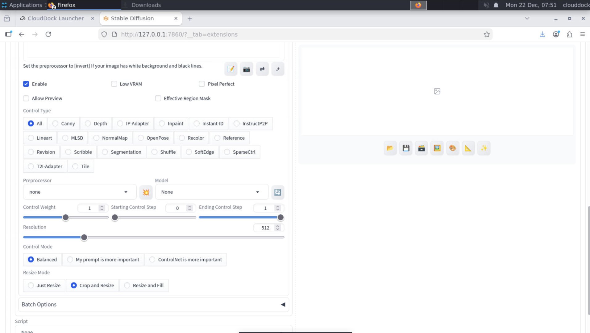 ControlNet panel in A1111 with enable toggle, preprocessor, model, weight, and start/end sliders