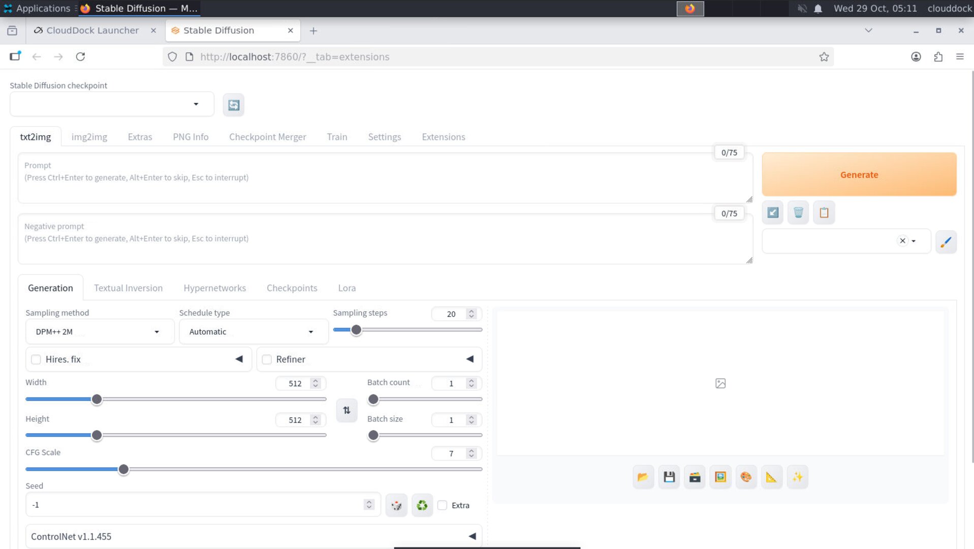 Stable Diffusion WebUI (txt2img tab) inside CloudDock session