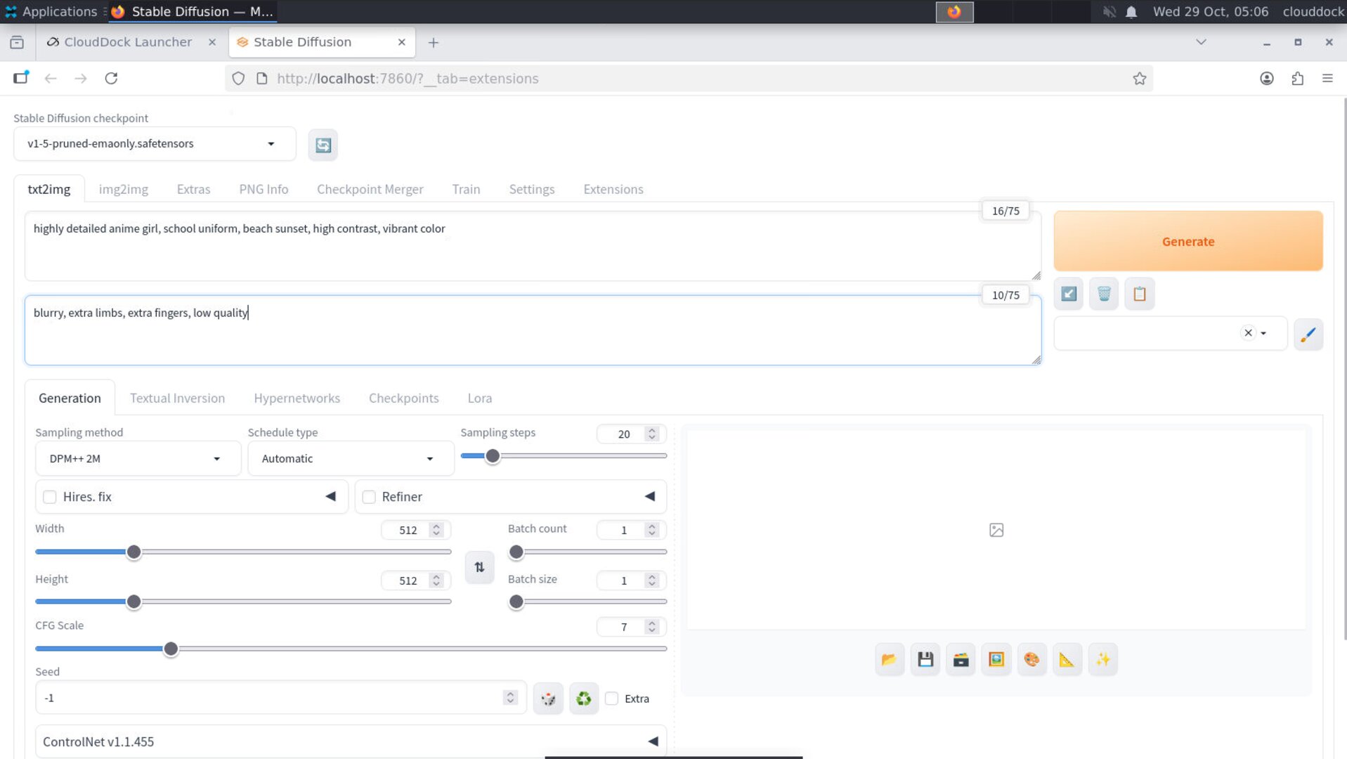 Prompt and Negative Prompt fields filled with a simple description and quality filters