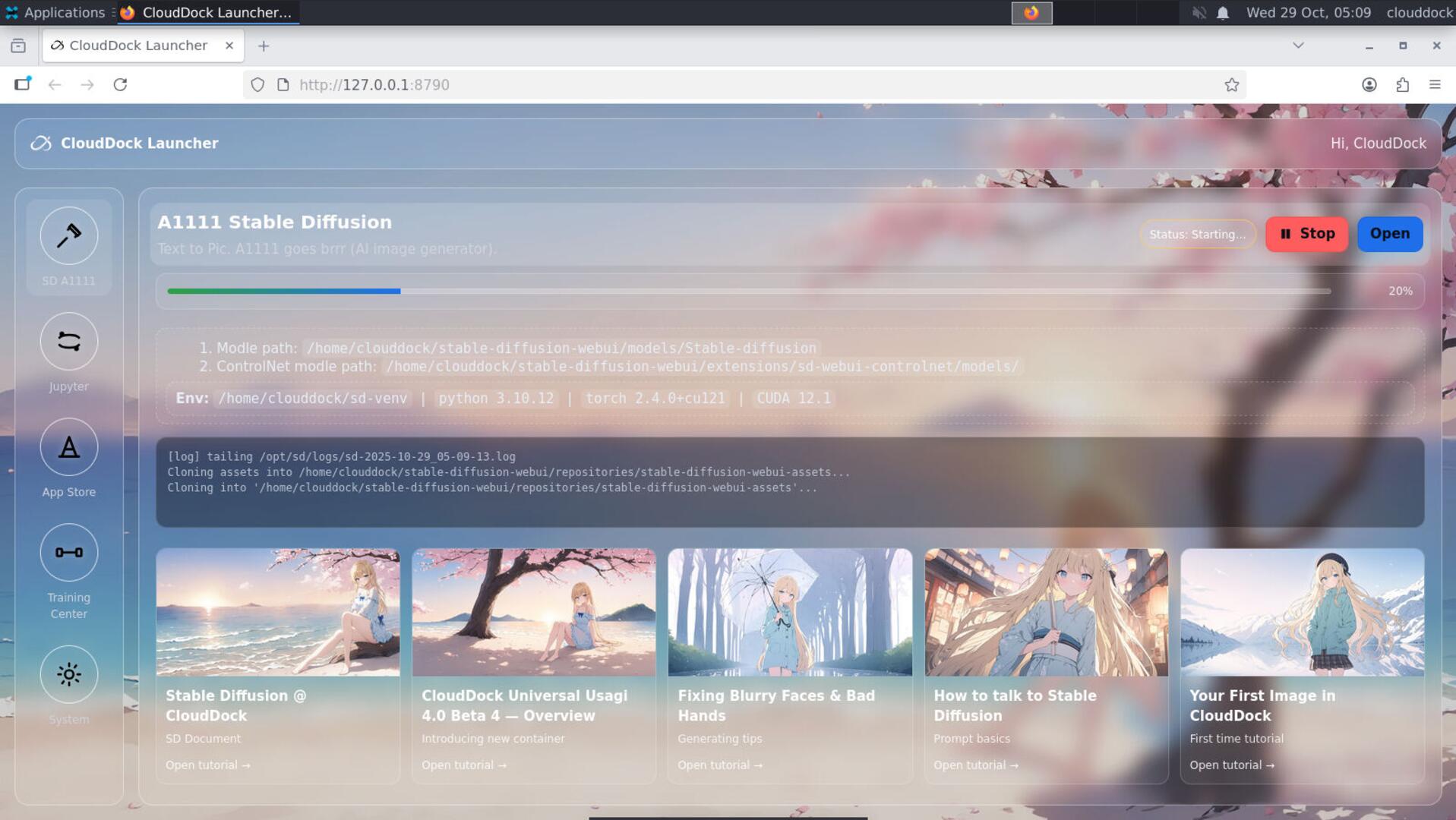 Stable Diffusion card after Start: button shows Processing while the container boots