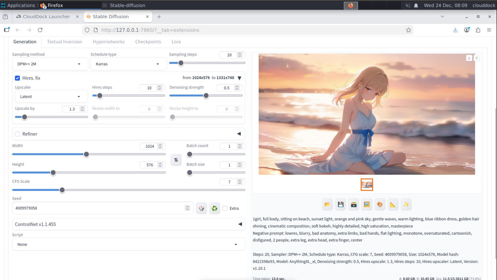 A1111 hires fix settings showing 1.3x scale and low denoising strength