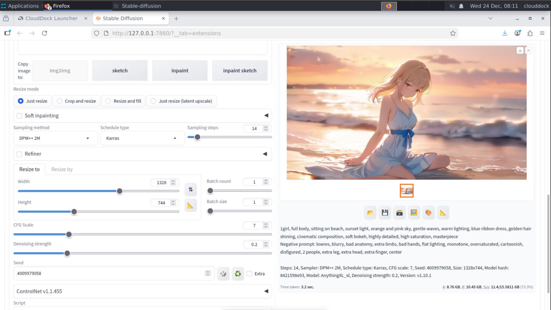 img2img settings showing low denoise repair pass on a hires result