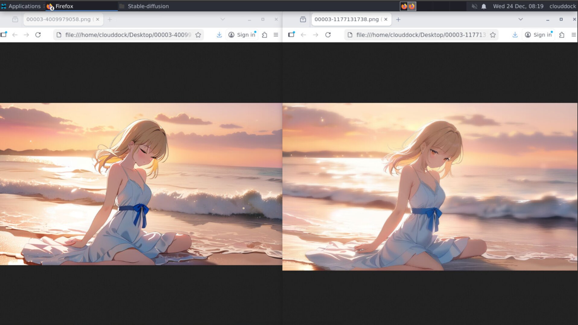 Compare: base generation → 1.3x hires → low-noise repair pass