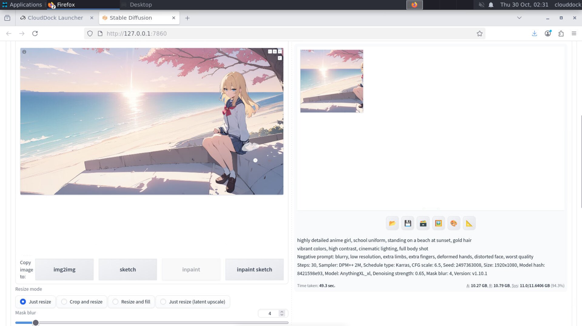 Inpaint mode with a hand region masked