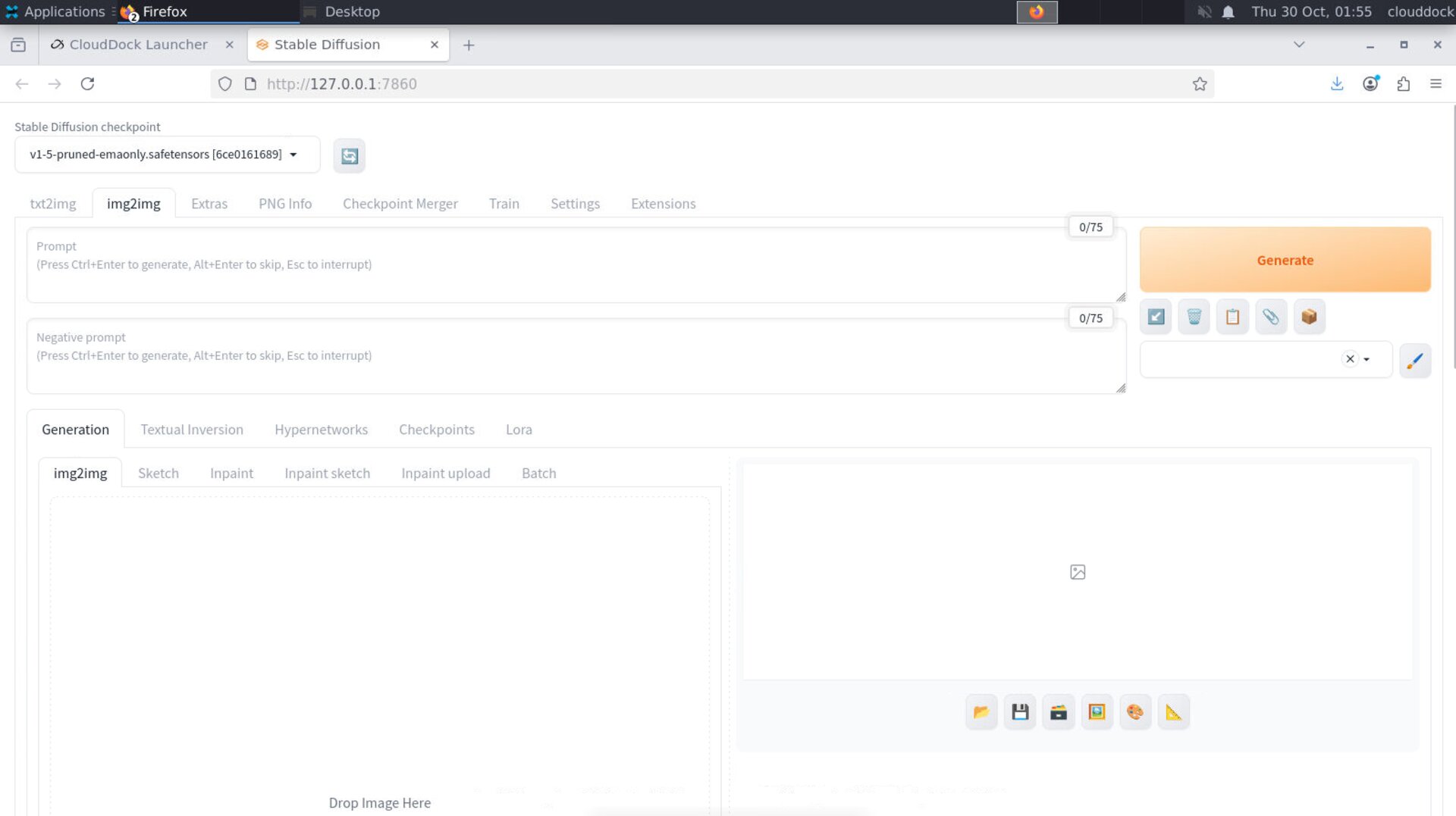 Stable Diffusion img2img tab with image drop zone and settings