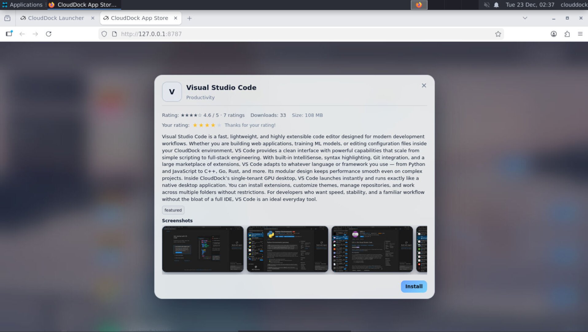 App Store per-app page with screenshots, rating, and install button