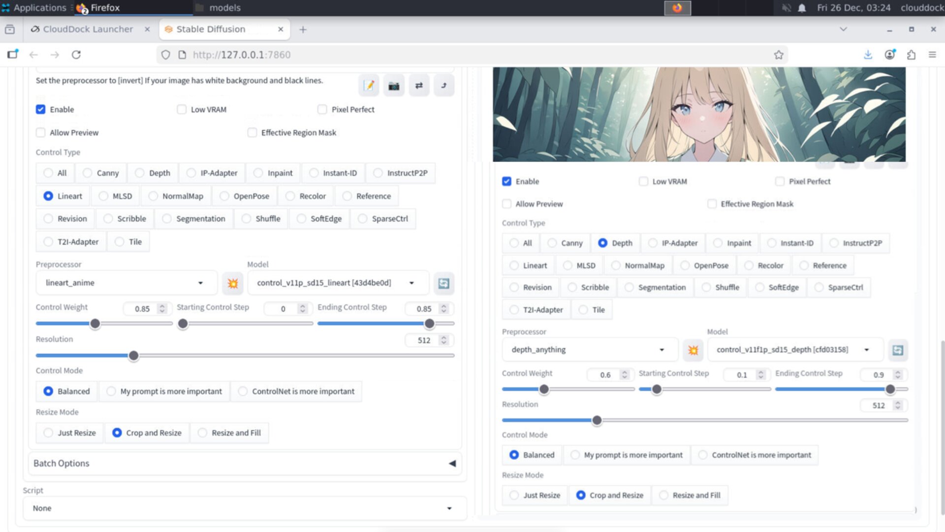 A1111 ControlNet panel showing lineart and depth configured in two slots with different weights