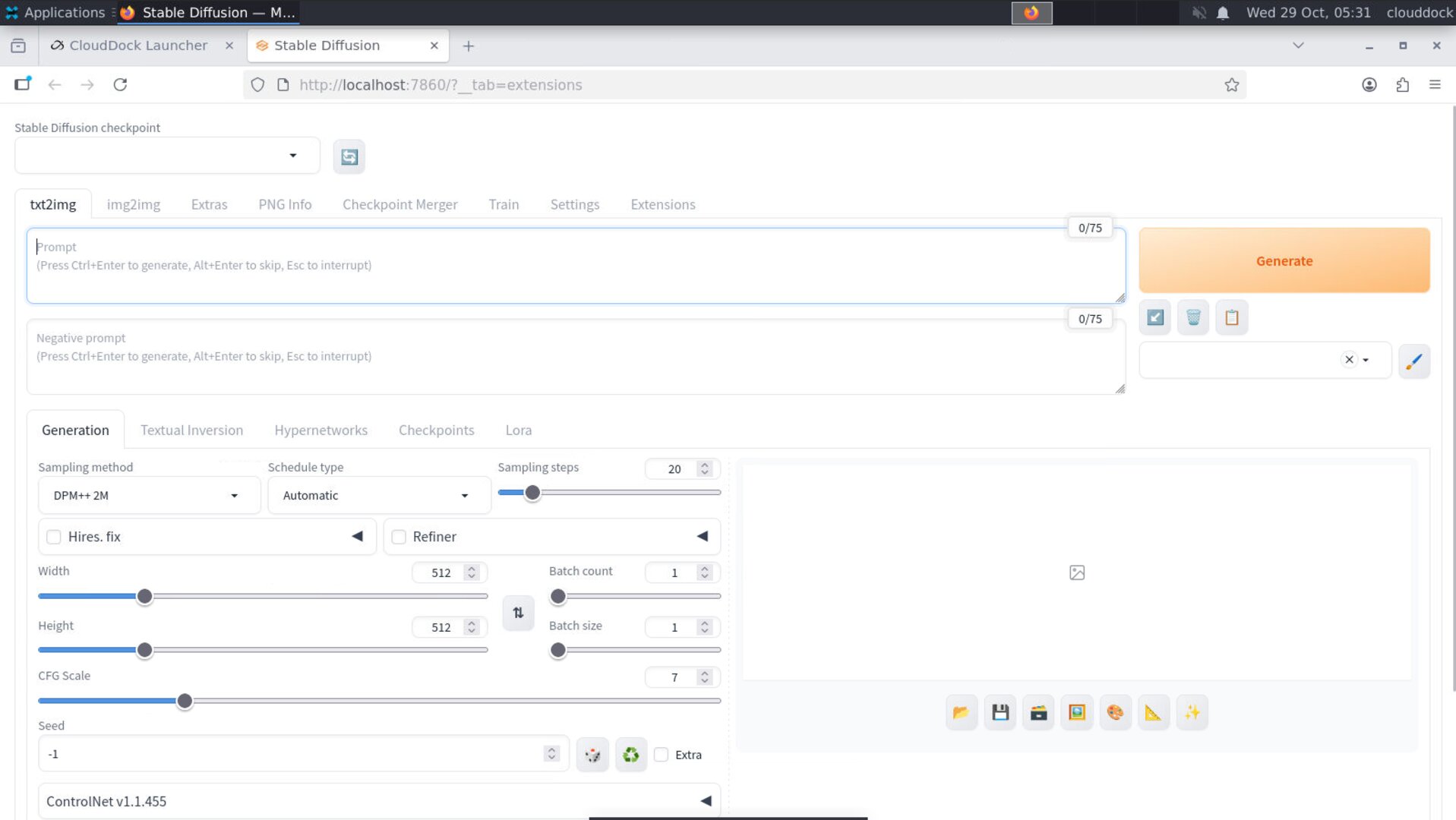 Stable Diffusion txt2img panel with Prompt and Negative Prompt fields highlighted