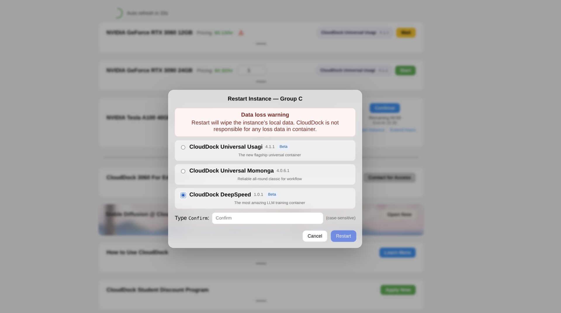 CloudDock dashboard showing restart container flow with Confirm input box