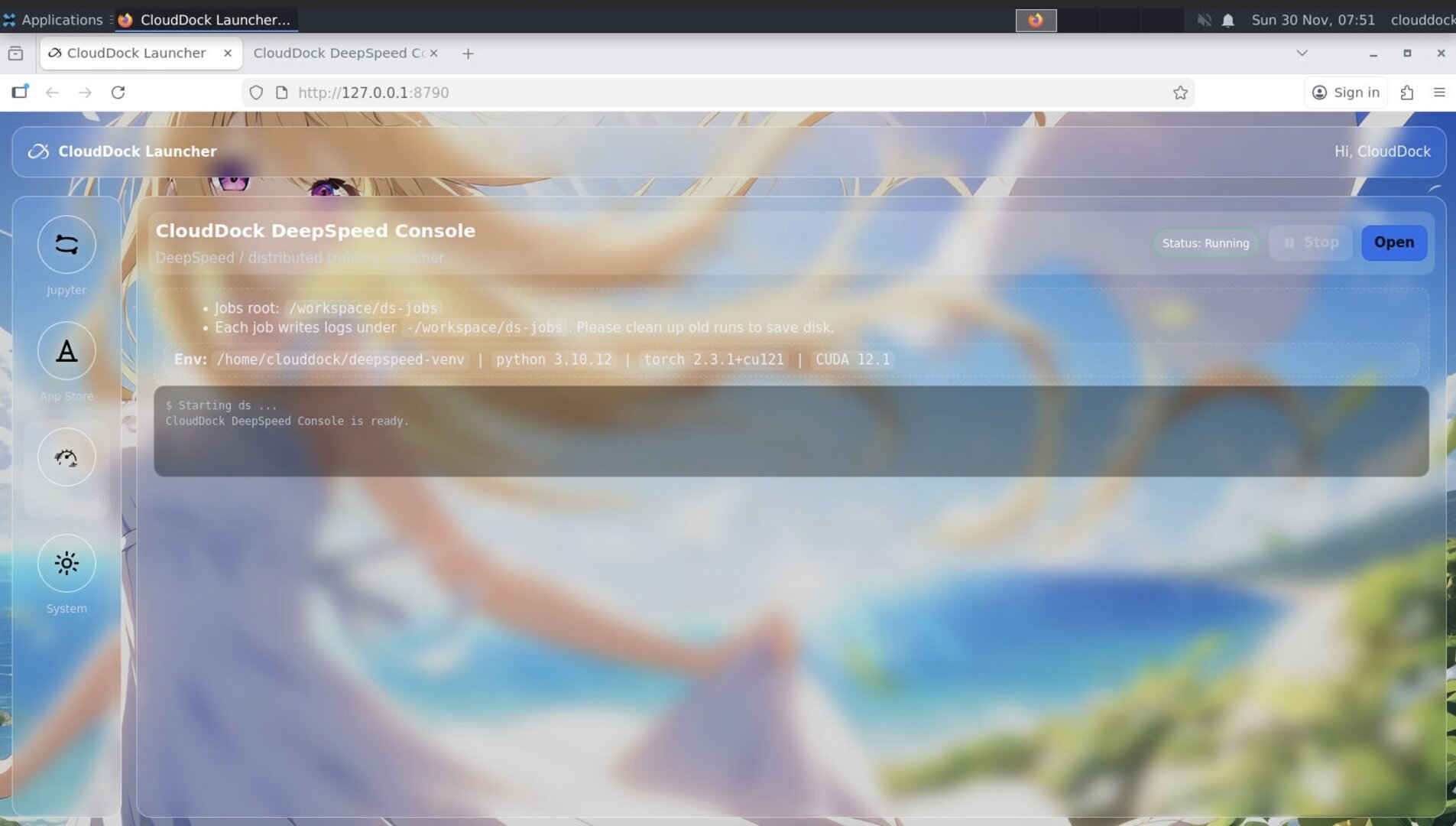 CloudDock Launcher inside DeepSpeed container showing JupyterLab, DeepSpeed Console, App Store