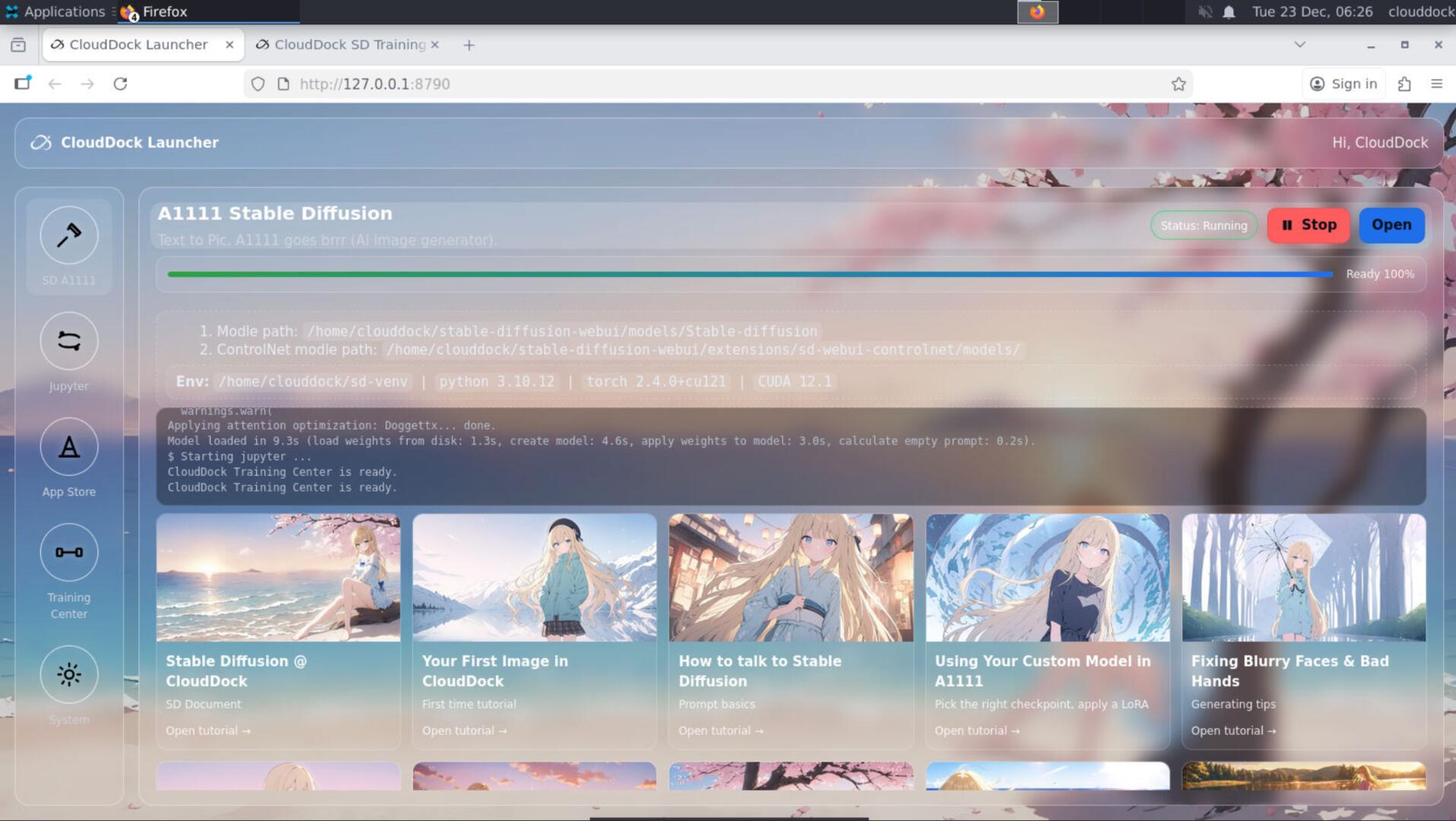 CloudDock Launcher inside Universal container showing SD, Jupyter, App Store, Training Center