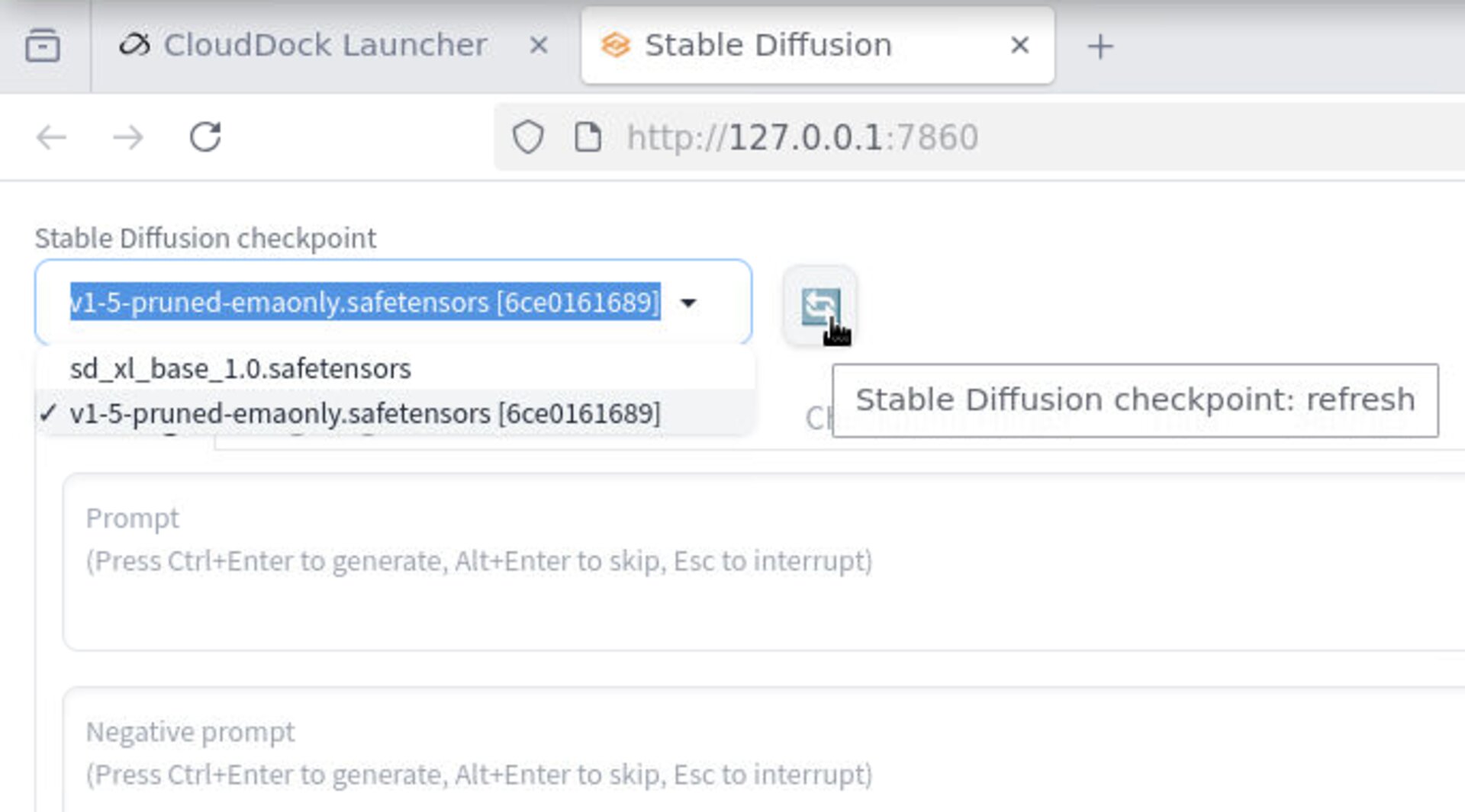 The Stable Diffusion checkpoint dropdown open with several model choices