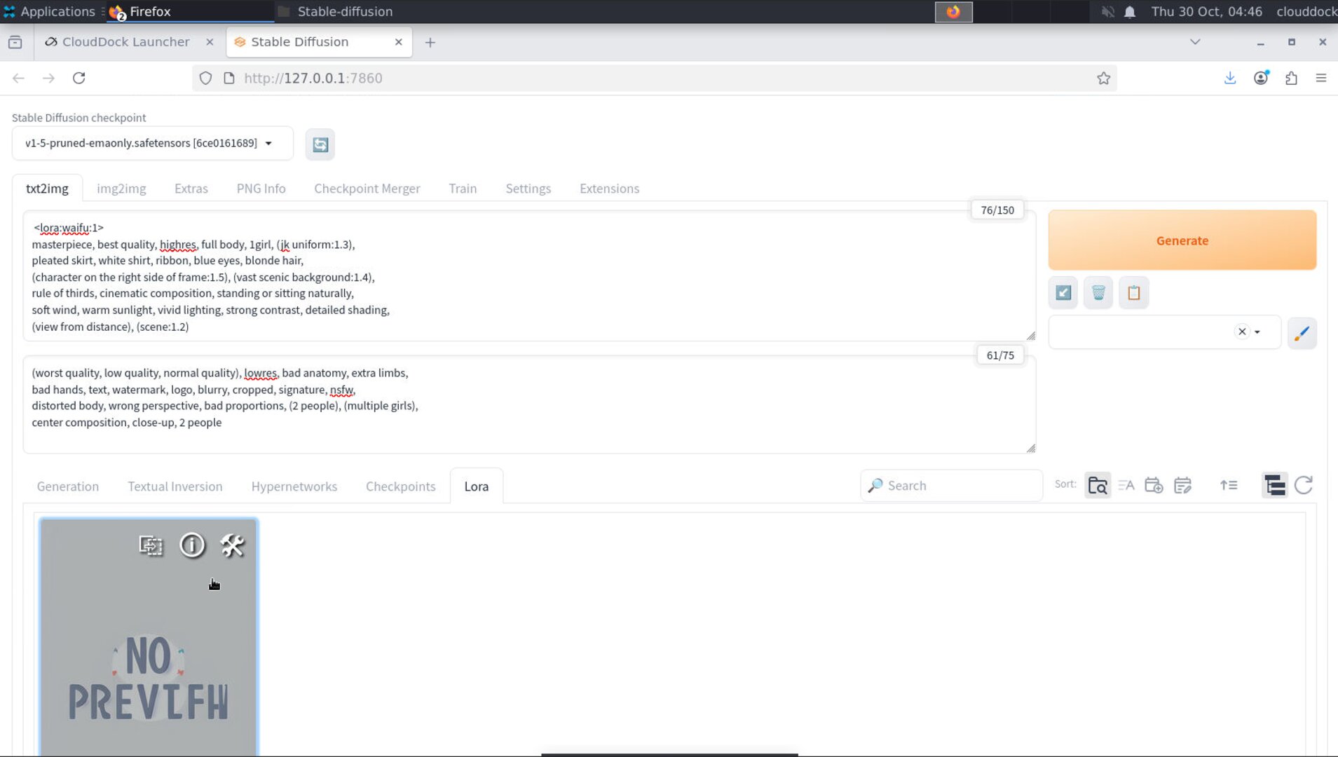 Prompt field showing a <lora:NAME:0.7> token followed by the description