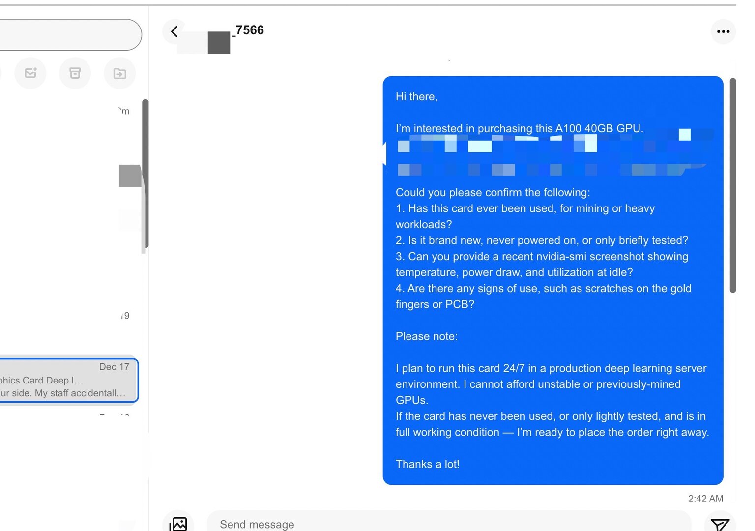 Buyer message screenshot (redacted)