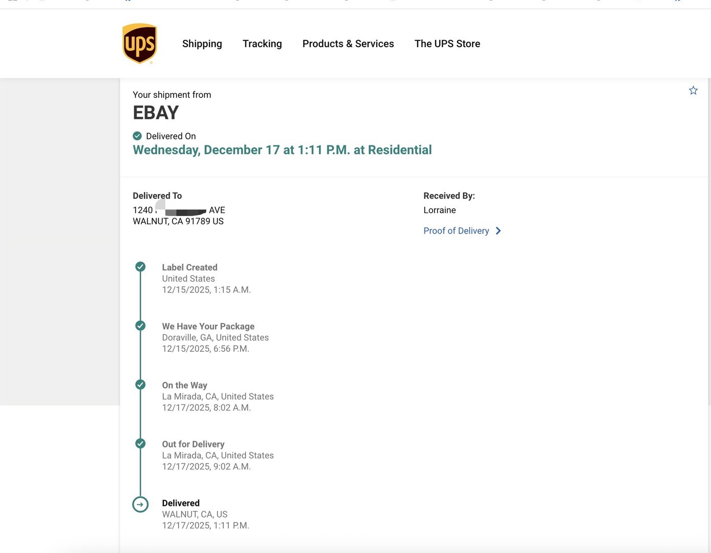 UPS tracking details showing different recipient (redacted)