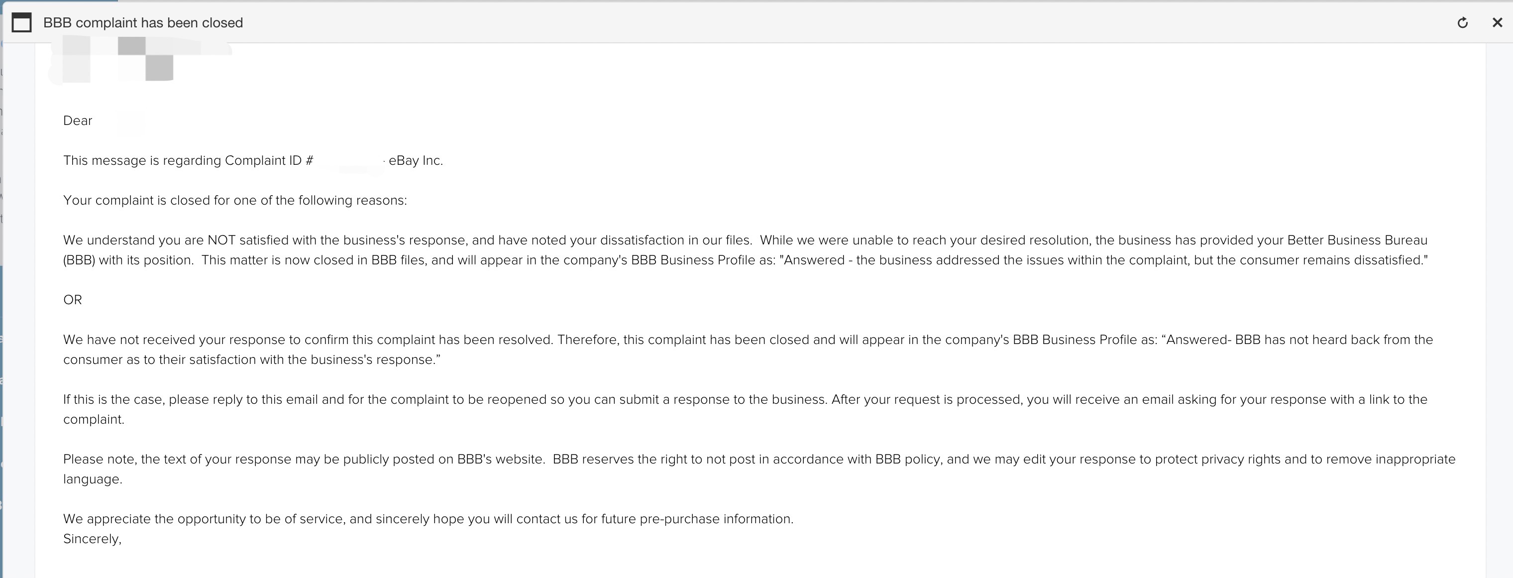 BBB closure email screenshot (redacted)