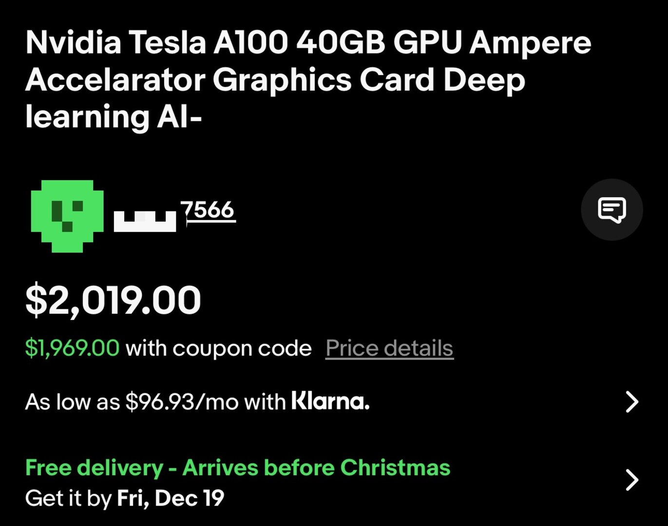 eBay listing screenshot (suspicious seller). Price is unusually low and the seller profile appears newly created or lacking visible history.